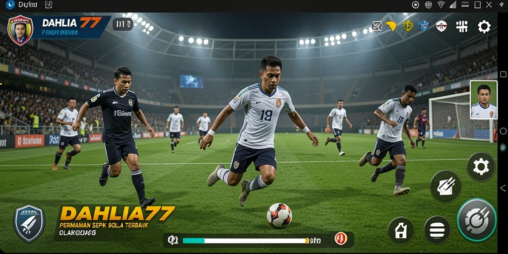 Tampilan utama gameplay DAHLIA77 dengan aksi sepak bola yang seru.