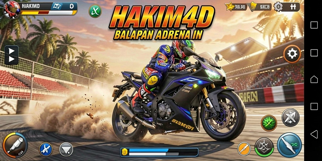 Tampilan gameplay HAKIM4D dengan aksi balapan motor yang mendebarkan.