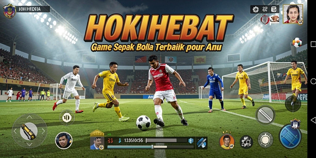 Screenshot HOKIHEBAT menampilkan aksi seru di lapangan sepak bola.