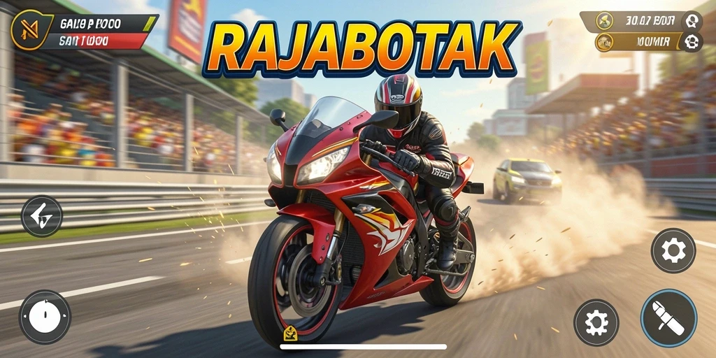 Screenshot permainan RAJABOTAK menampilkan balapan motor yang mendebarkan.