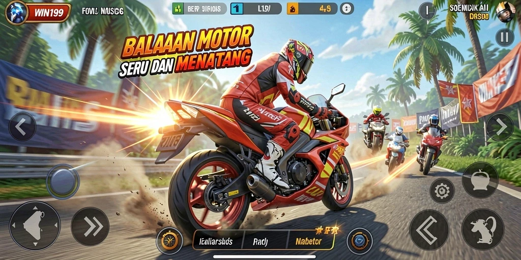 Tampilan gameplay <strong>WIN199</strong> yang penuh aksi di trek balapan motor.